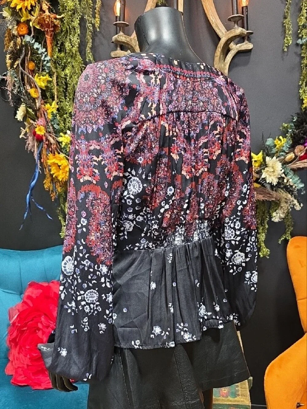 Free People Black Floral Tie-Front Blouse with Red & White Accents - Picture 6 of 8
